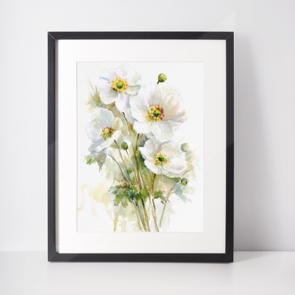 Watercolor White Anemone Flowers Wall Art Illustration Print Poster Unframed - Picture 2 of 9